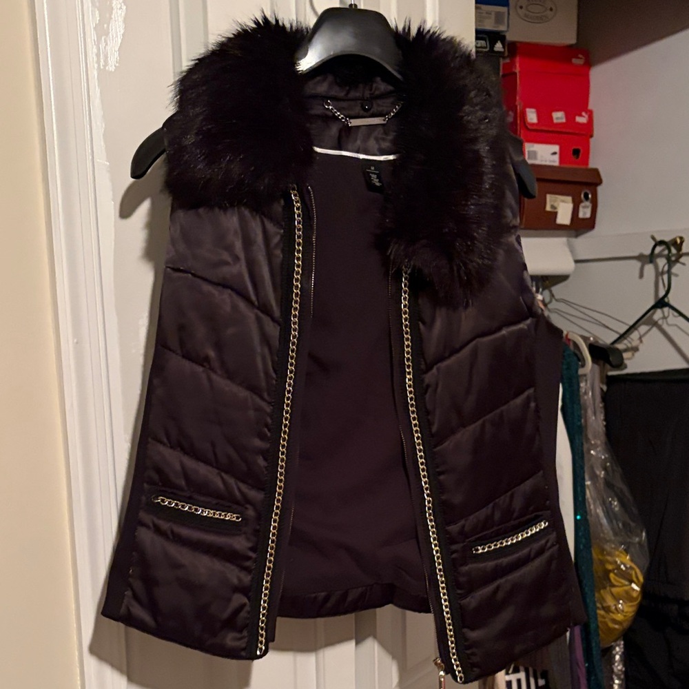 White House Black Market Black Vest with Faux Fur Trim